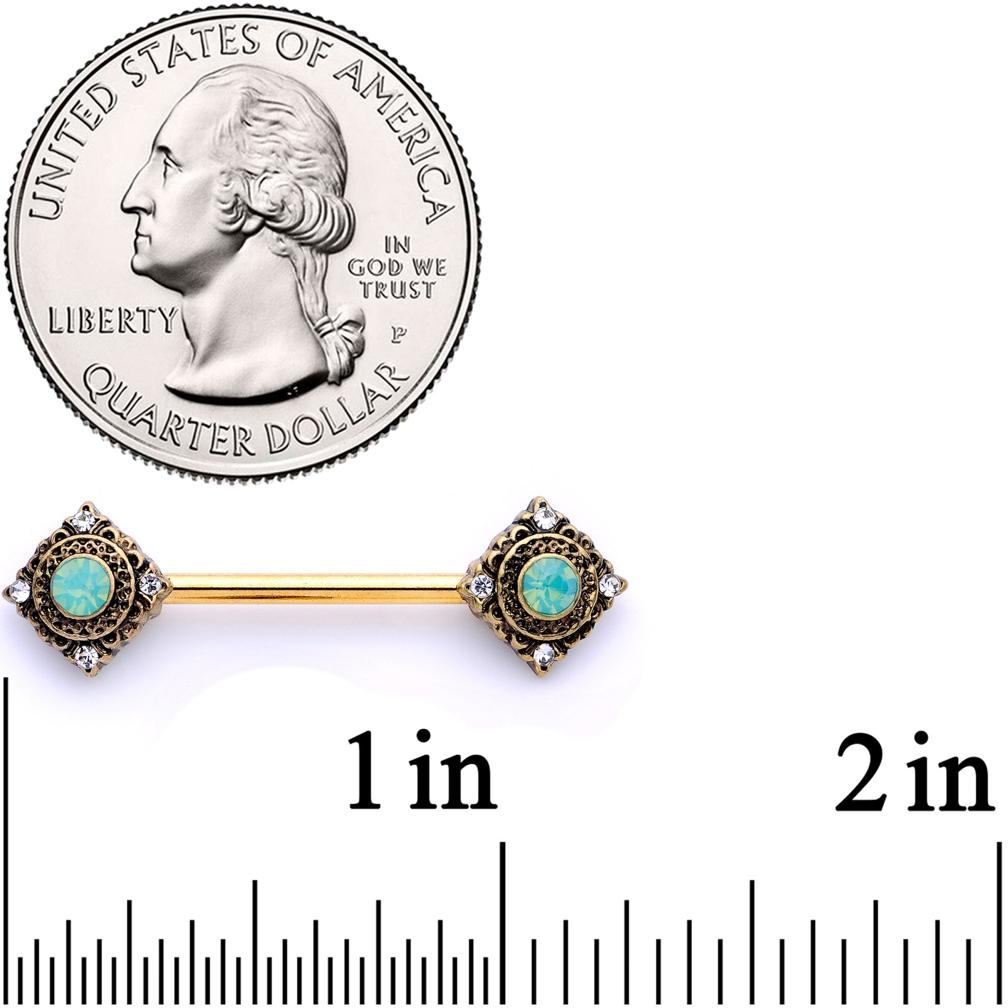 14G 9/16 Clear Gem Green Faux Opal Gold Tone Barbell Nipple Set