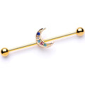 14G Multicolor Gem Gold Tone Moon Industrial Barbell 38mm