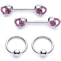 14G 9/16 1/2 Pink Gem Floral Hearts BCR Barbell Nipple Ring Set