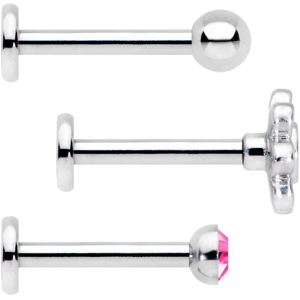 16G Pink Gem Flower Internally Threaded Labret Set of 3