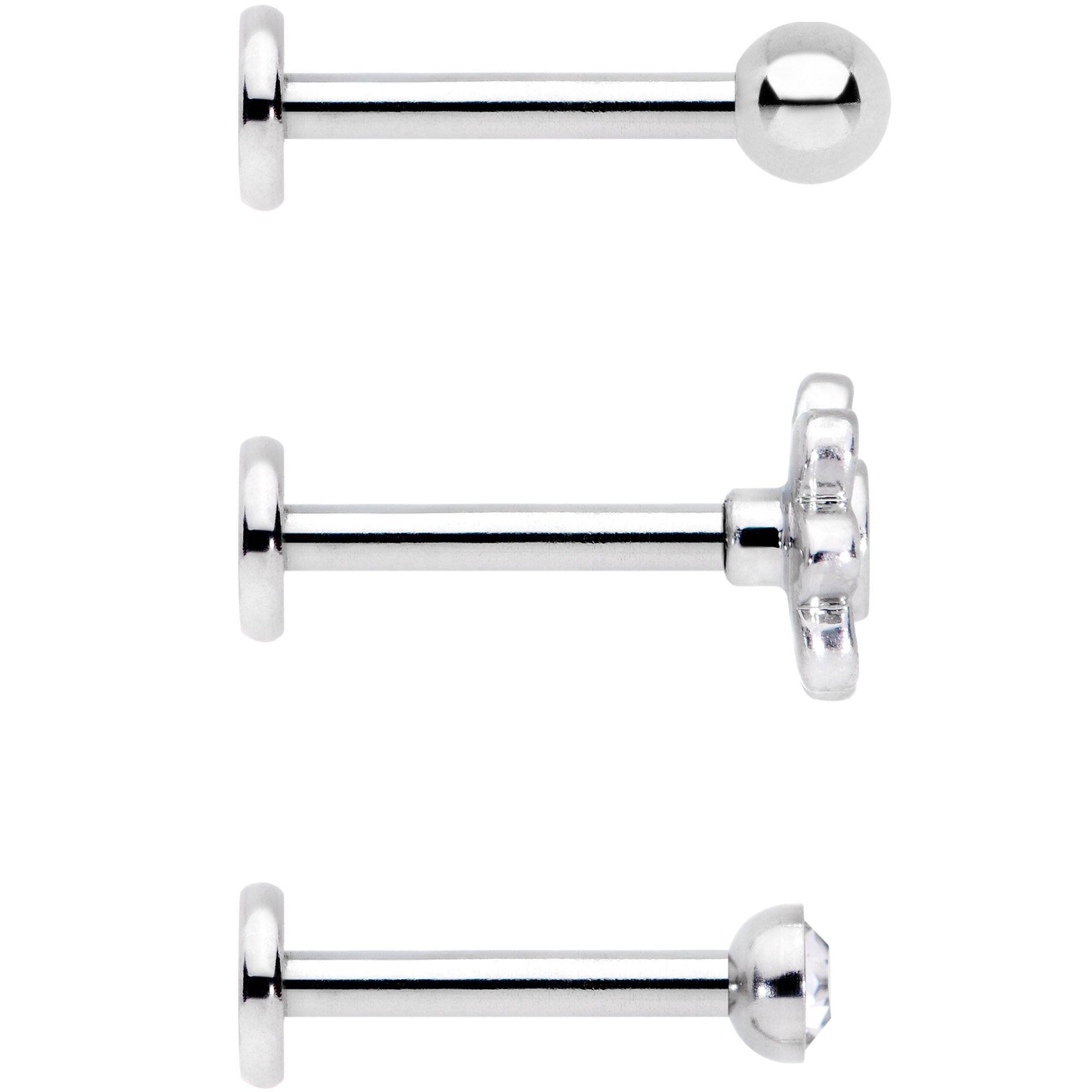 16G 5/16 Clear Gem Flower Top Labret Tragus Set of Three