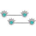 14G Clear CZ Gem Green Faux Opal Crest Barbell Nipple Ring Set