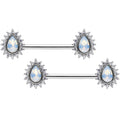 14G Clear CZ Gem White Faux Opal Tear Barbell Nipple Ring Set