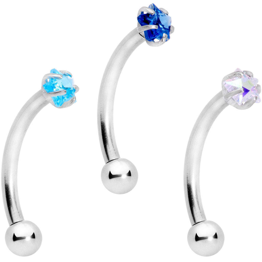 16G 3/8 Blues Clear CZ Star Gem Curved Eyebrow Ring Set of 3