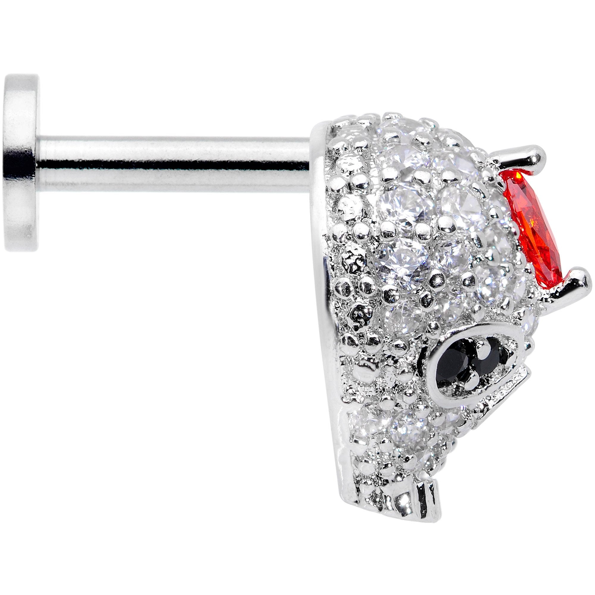 16G 1/4 Clear Red CZ Gem Punk Skull Labret Monroe Tragus