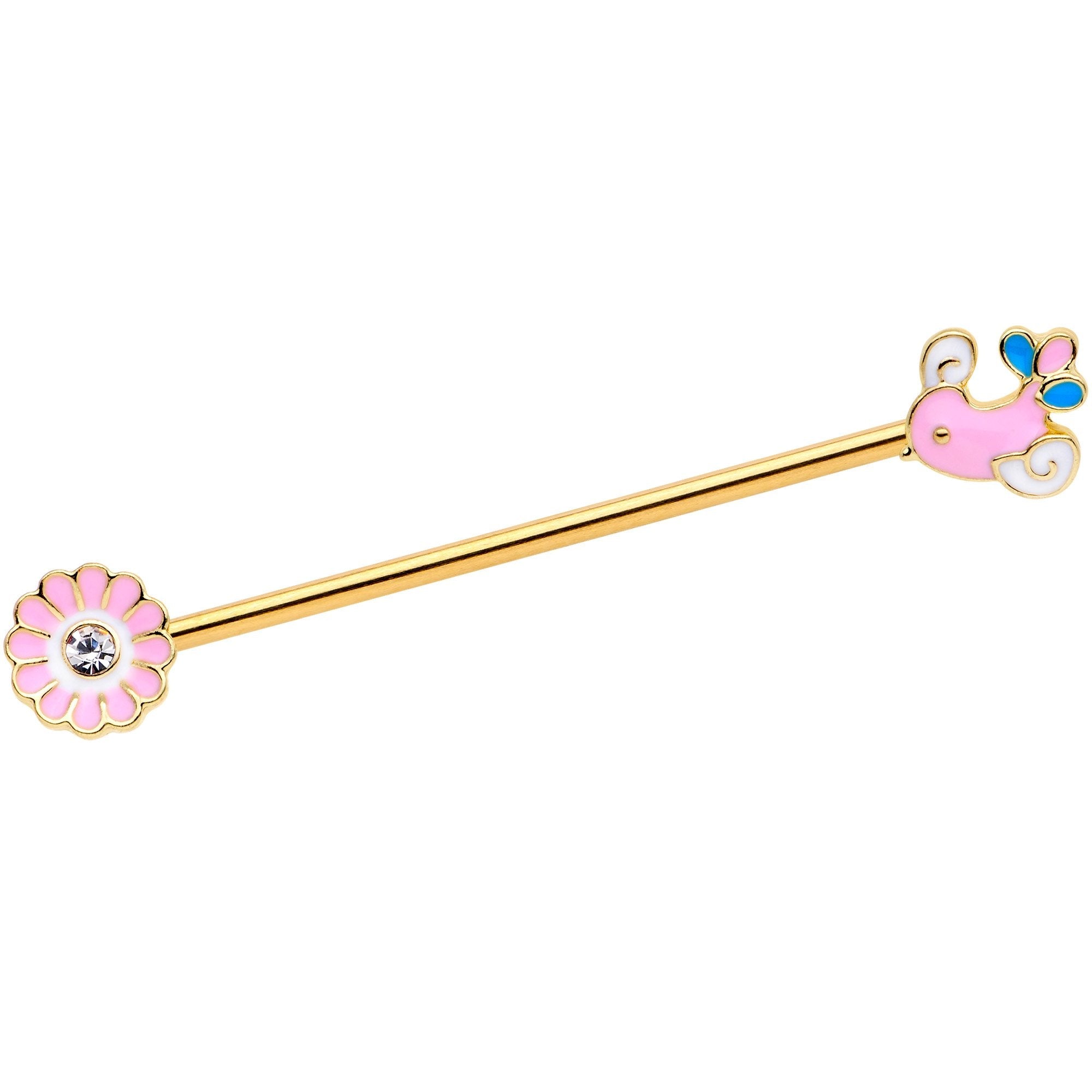14G Clear Gem Gold Tone Pink Bird Flower Industrial Barbell 38mm