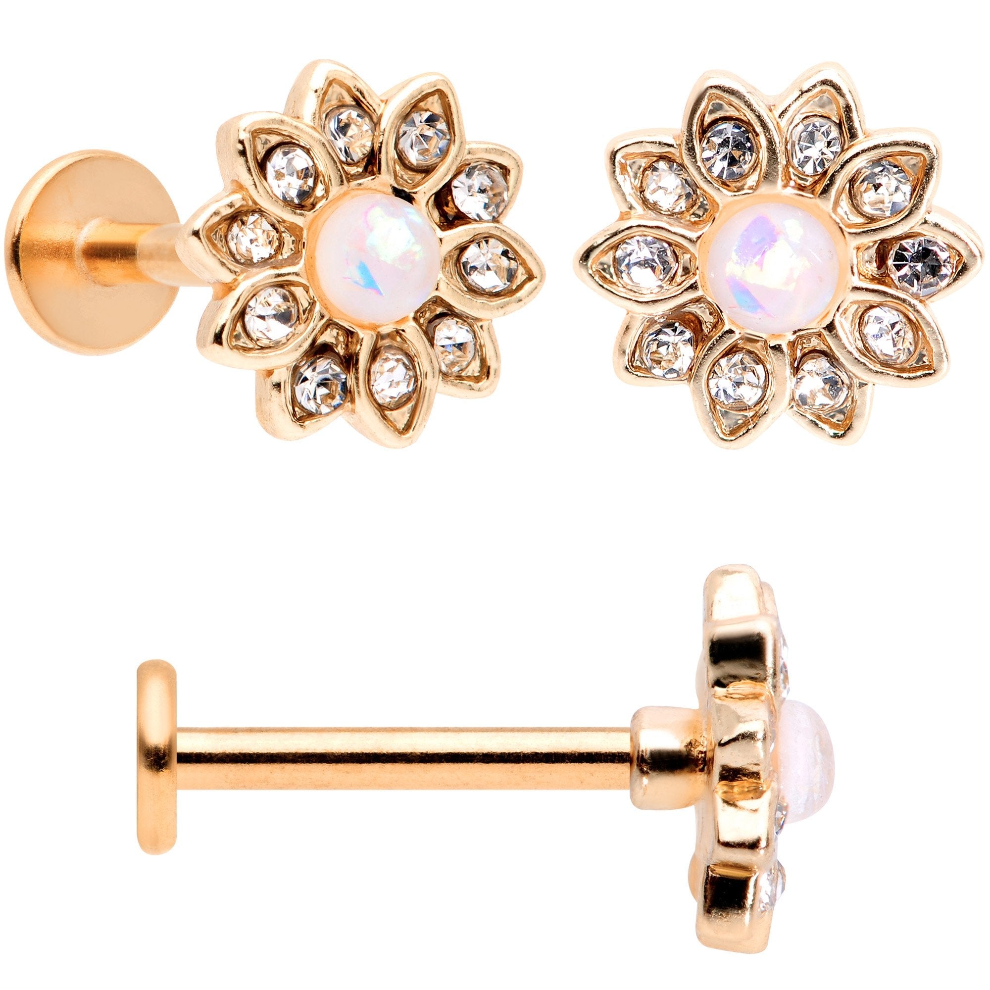 16G 5/16 White Faux Opal Rose Gold Tone Flower Labret Set of 3