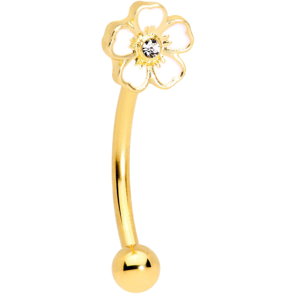 16G 3/8 Clear Gem Gold Tone White Flower Curved Eyebrow Ring