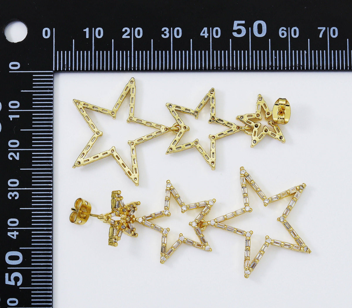 Gold Triple Five Point Star Dangle Earrings, Sku#LD271