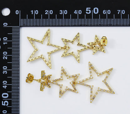 Gold Triple Five Point Star Dangle Earrings, Sku#LD271