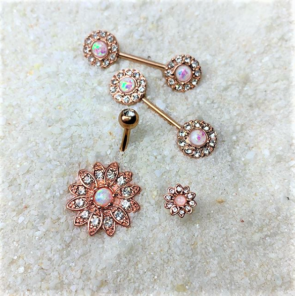 16G 5/16 White Faux Opal Rose Gold Tone Flower Labret Set of 3