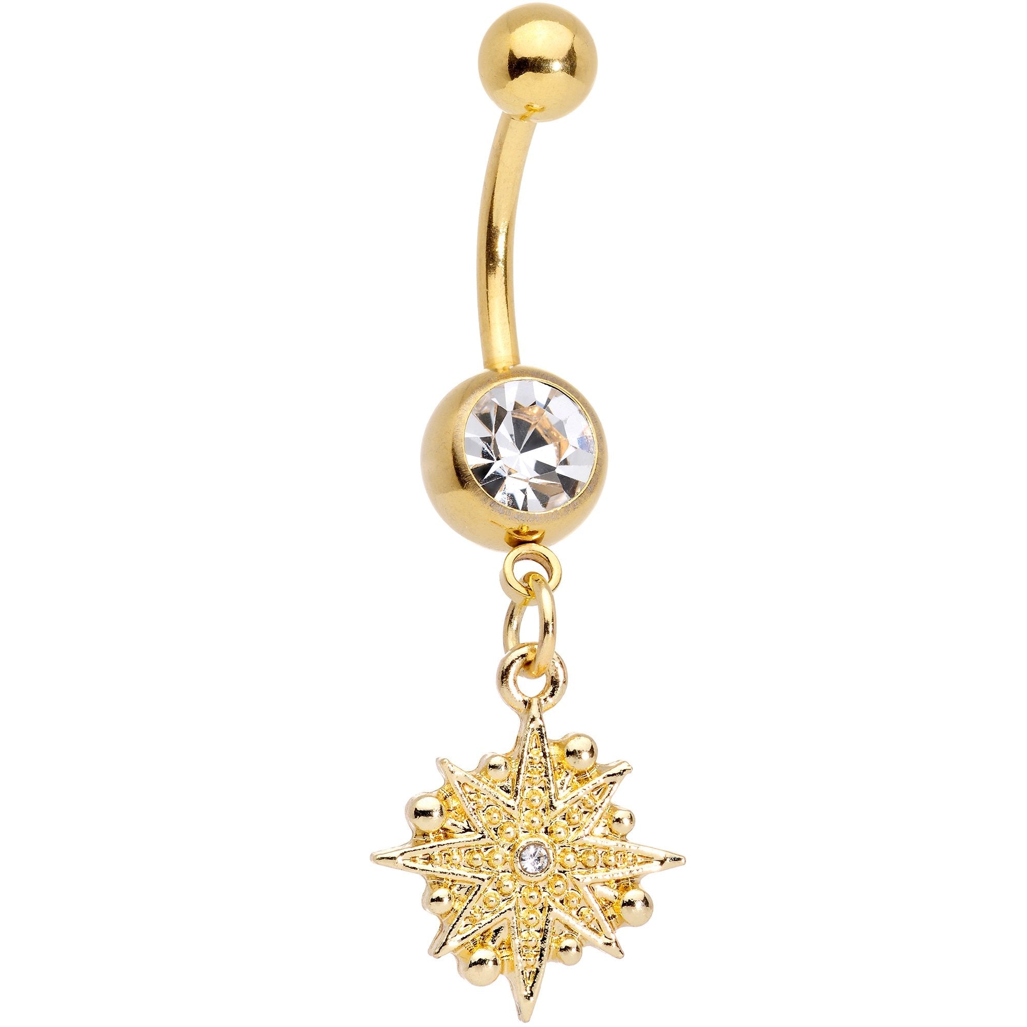 Clear Gem Gold Tone Celestial Star Moon Dangle Belly Ring Set