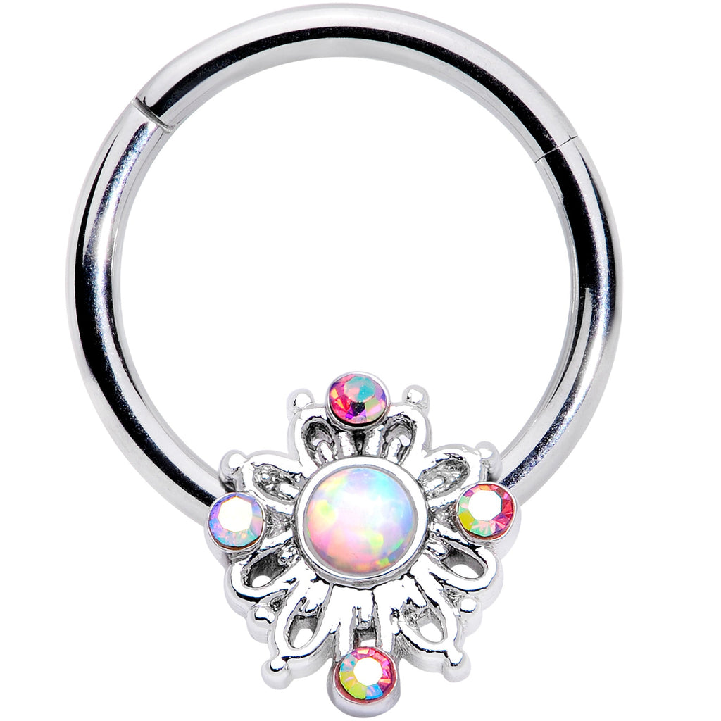 16G 3/8 White Synthetic Opal Aurora Gem Crest Hinged Segment Ring