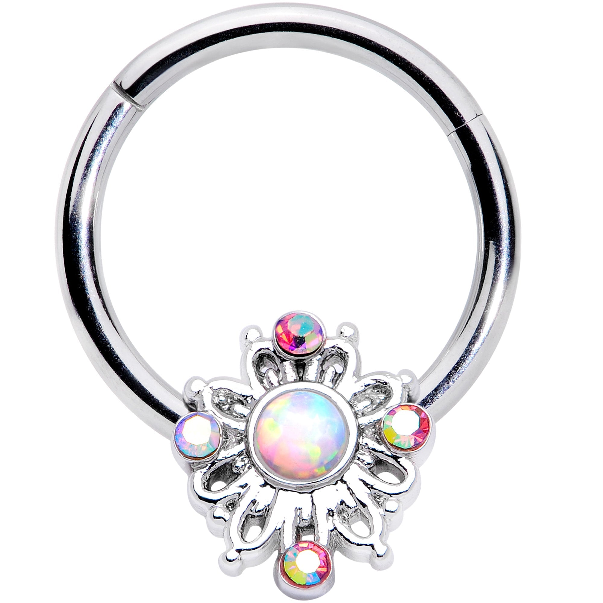 16G 3/8 White Synthetic Opal Aurora Gem Crest Hinged Segment Ring