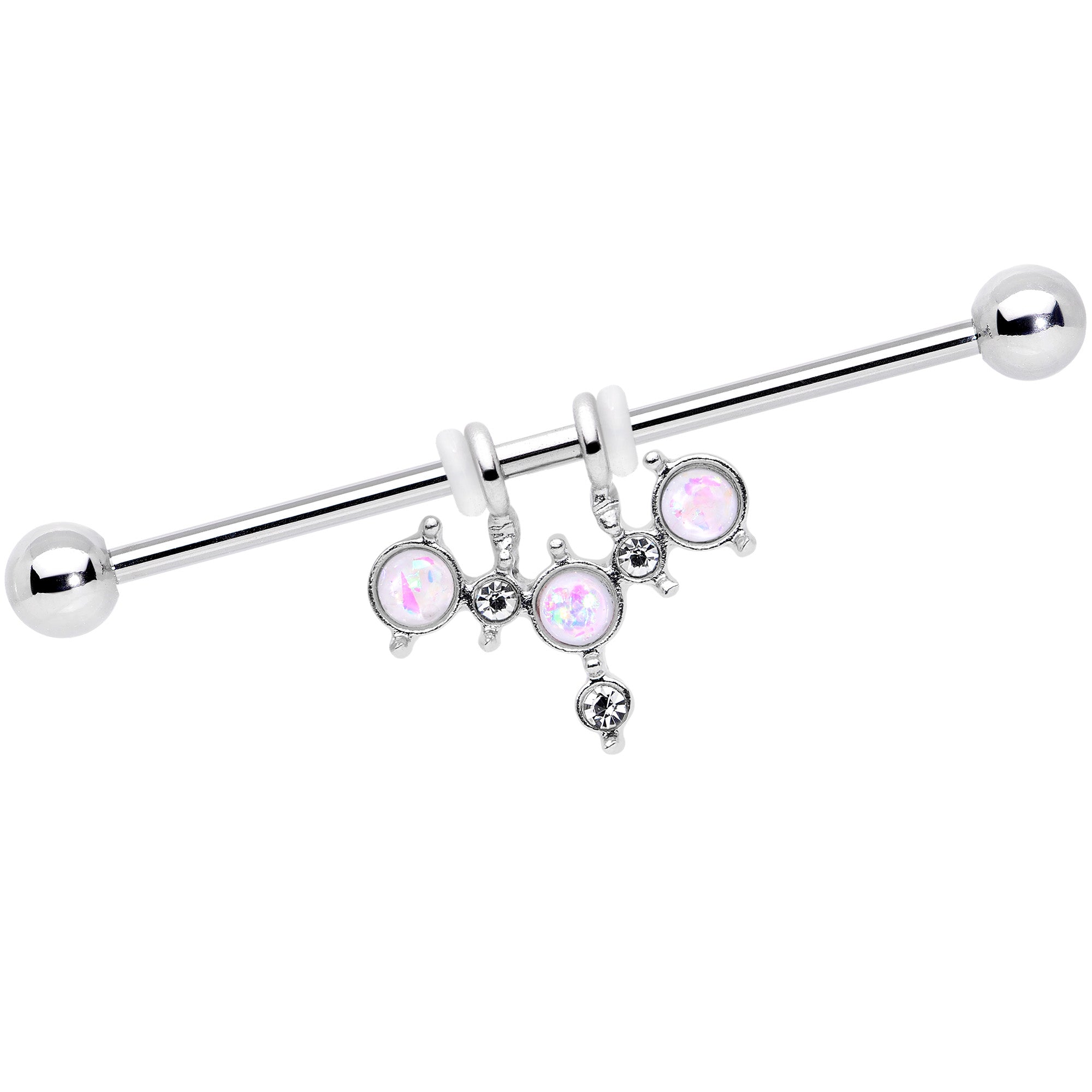 14G White Faux Opal Triad Dangle Industrial Barbell 38mm