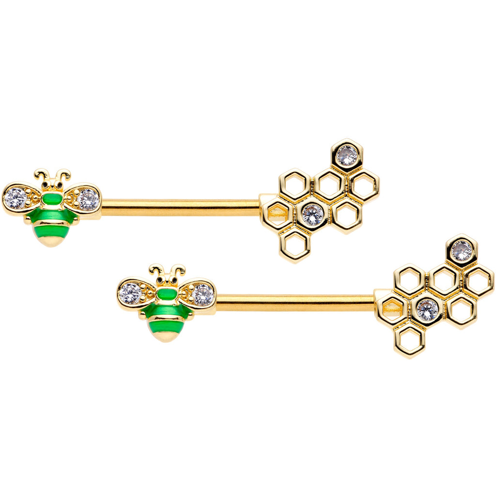 14G 9/16 Clear Gem Gold Tone Green Bee Barbell Nipple Ring Set