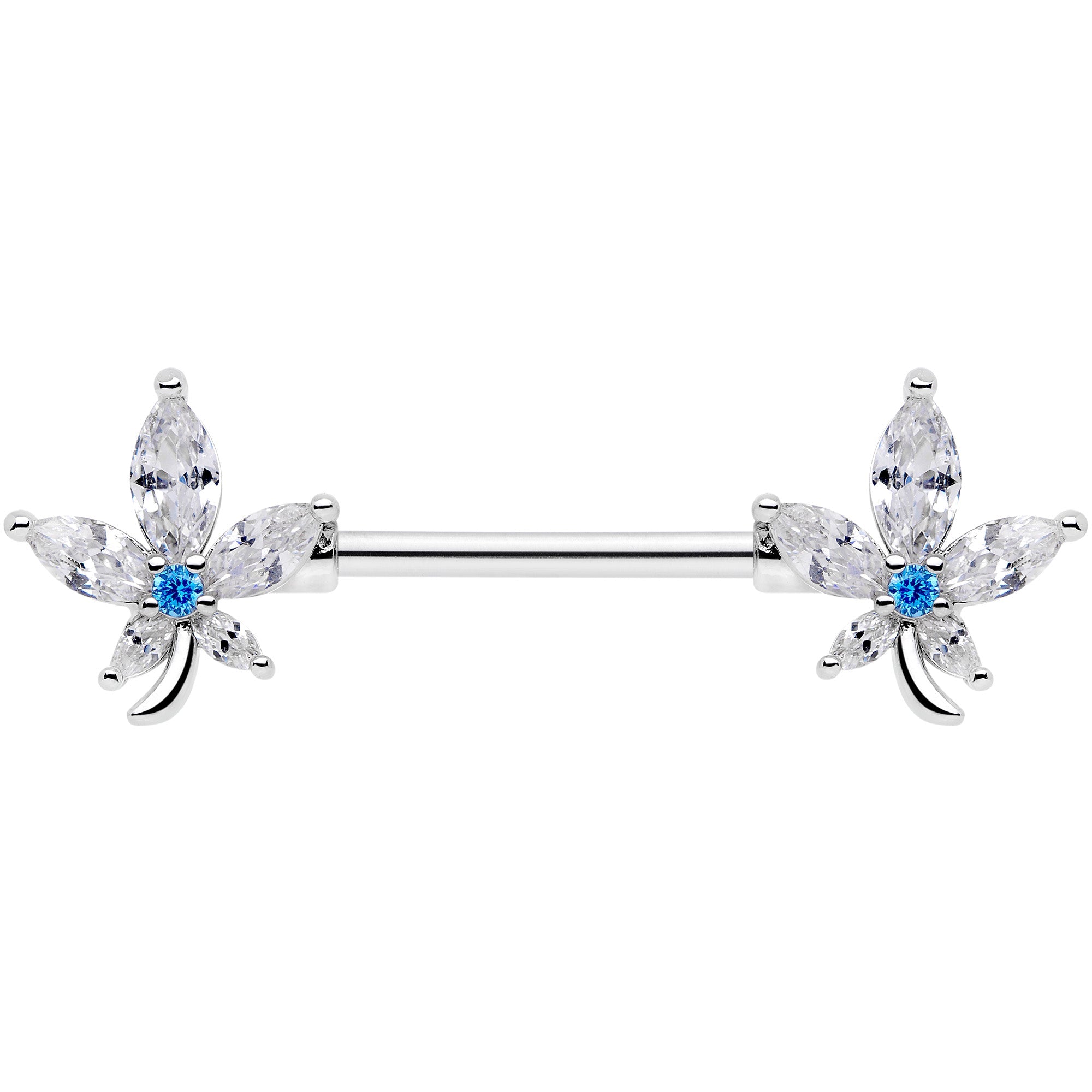 14G 9/16 Clear Blue CZ Gem Marijuana Leaf Barbell Nipple Ring Set
