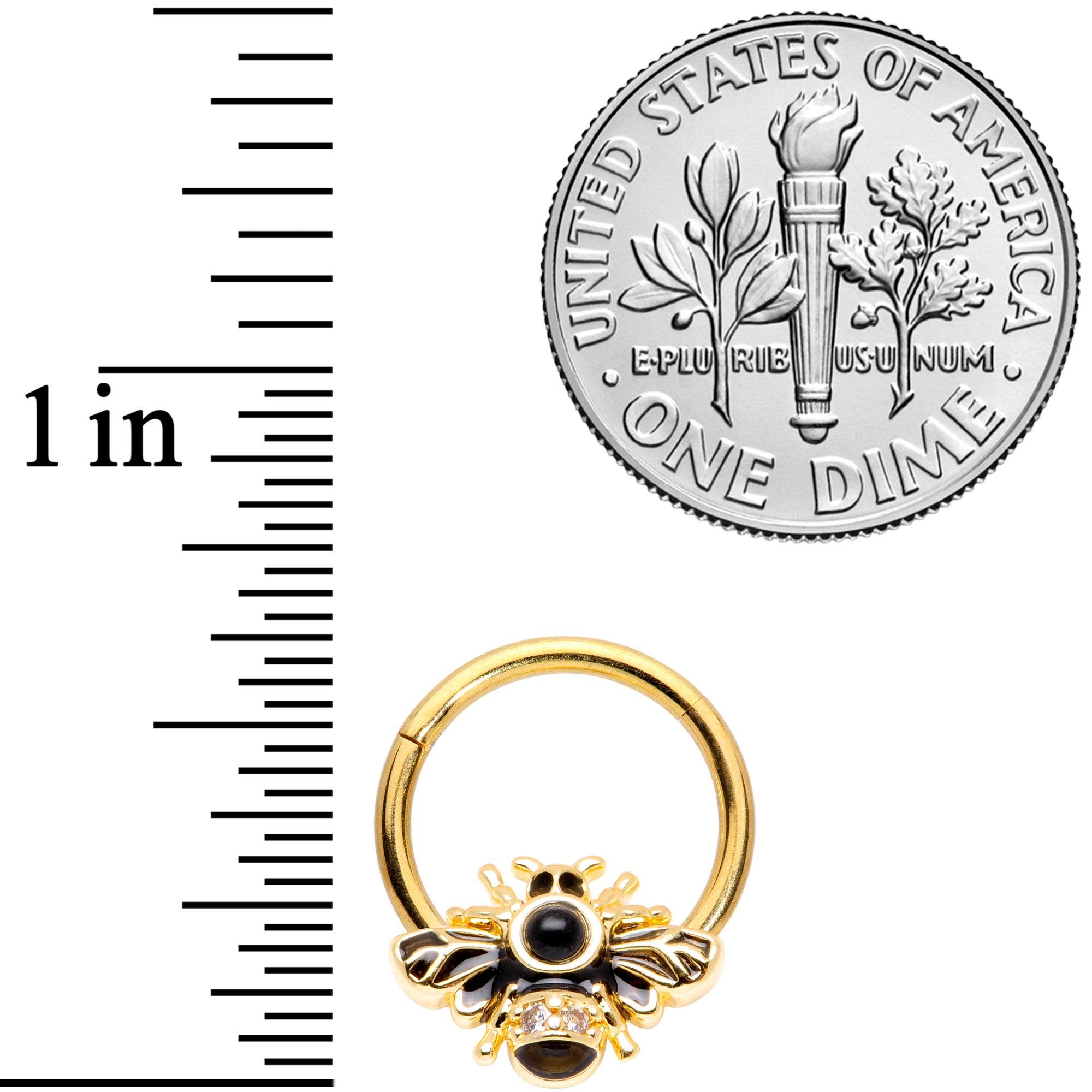 16G 3/8 Clear Gem Gold Tone Insect Bee Hinged Segment Ring