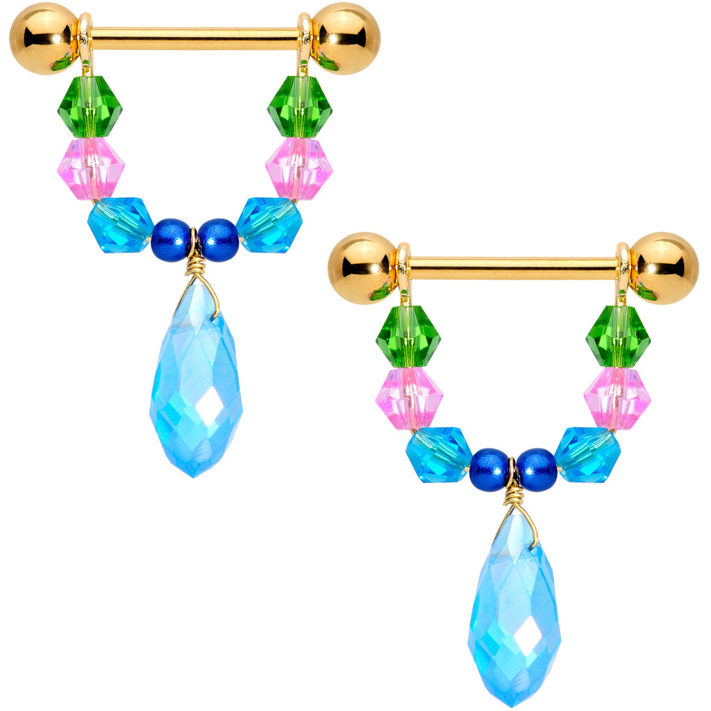 14G 5/8 Blue Pink Green Gem Gold Tone Drop Nipple Ring Set