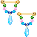 14G 5/8 Blue Pink Green Gem Gold Tone Drop Nipple Ring Set