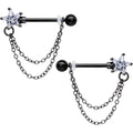 14G 5/8 Clear CZ Star Gem Black Chain Dangle Nipple Ring Set