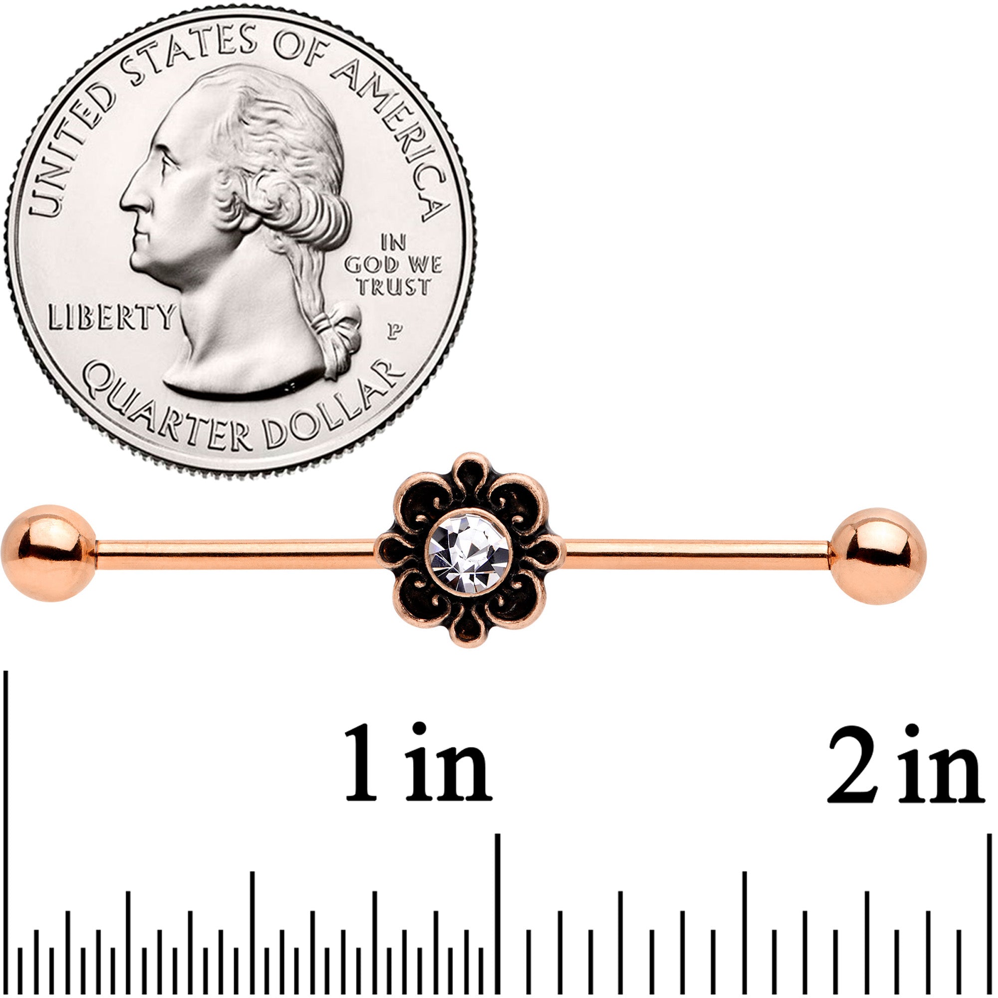 14G Clear Gem Rose Gold Tone Flower Industrial Barbell 38mm