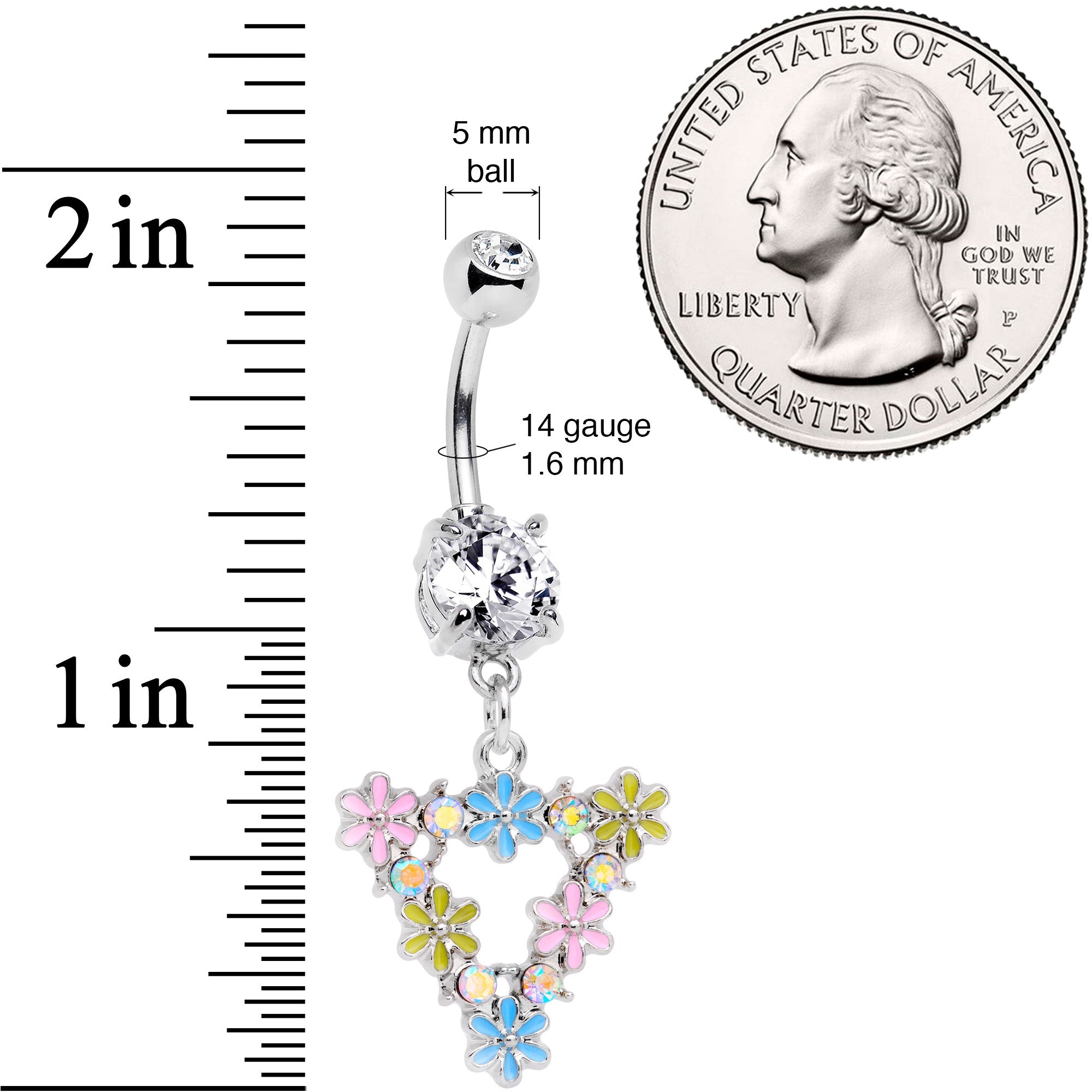 Clear Aurora CZ Gem Flower Triangle Dangle Belly Ring