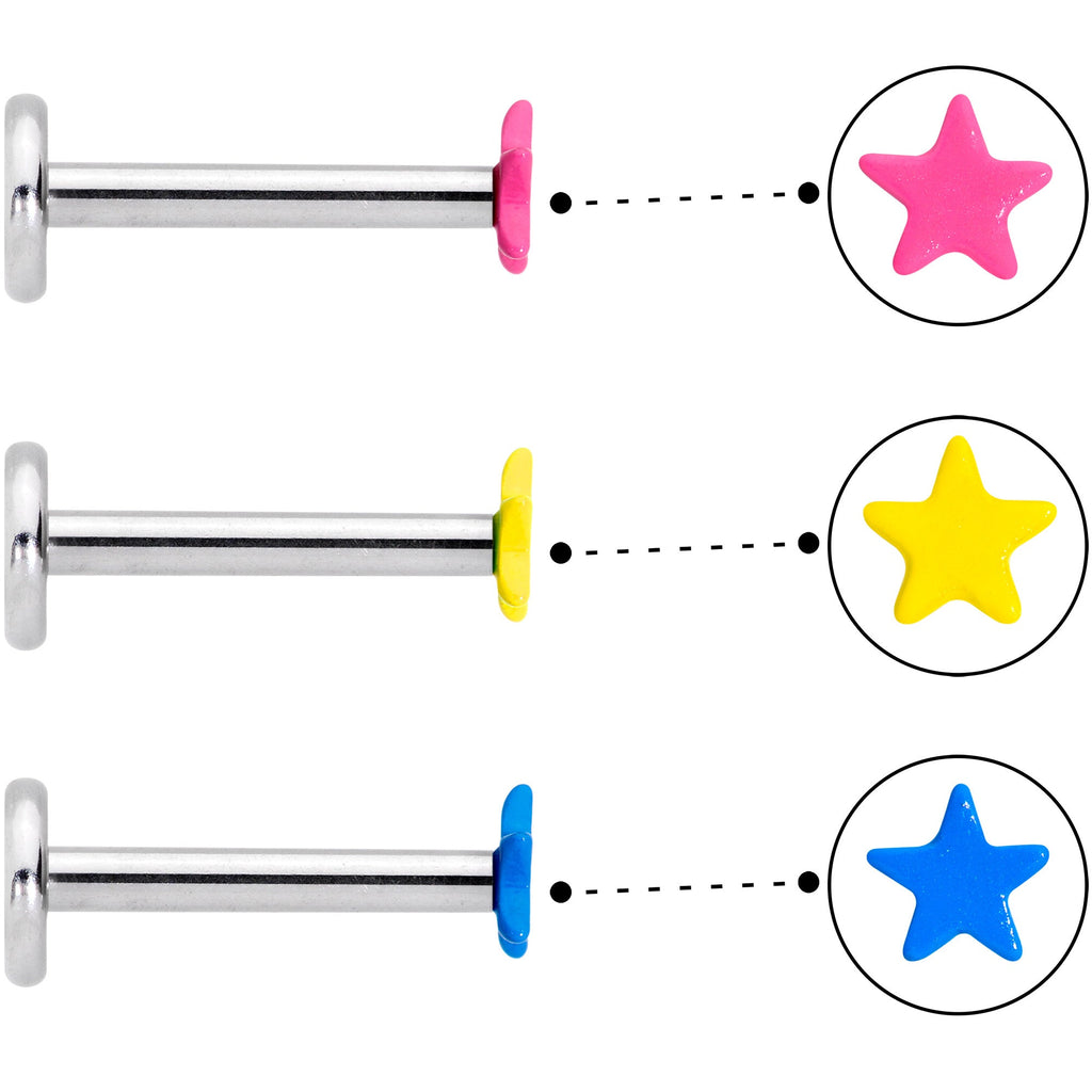 16G 5/16 Blue Pink Yellow Glow Star Labret Set of 3