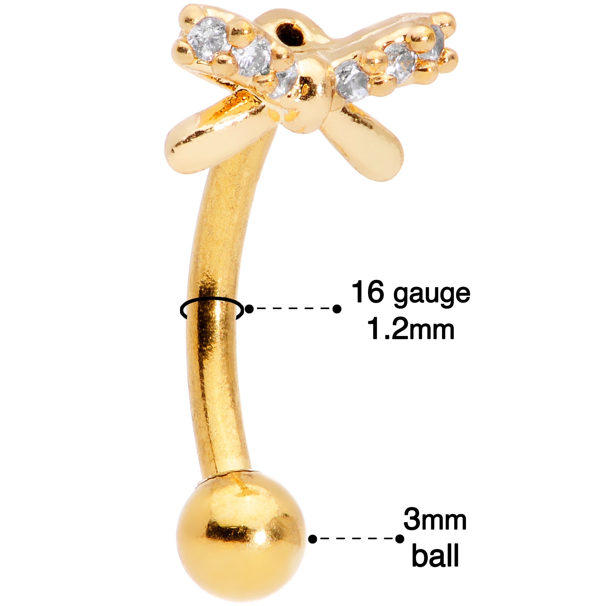 16G 5/16 Clear Gem Gold Tone Ribbon Bow Curved Eyebrow Ring