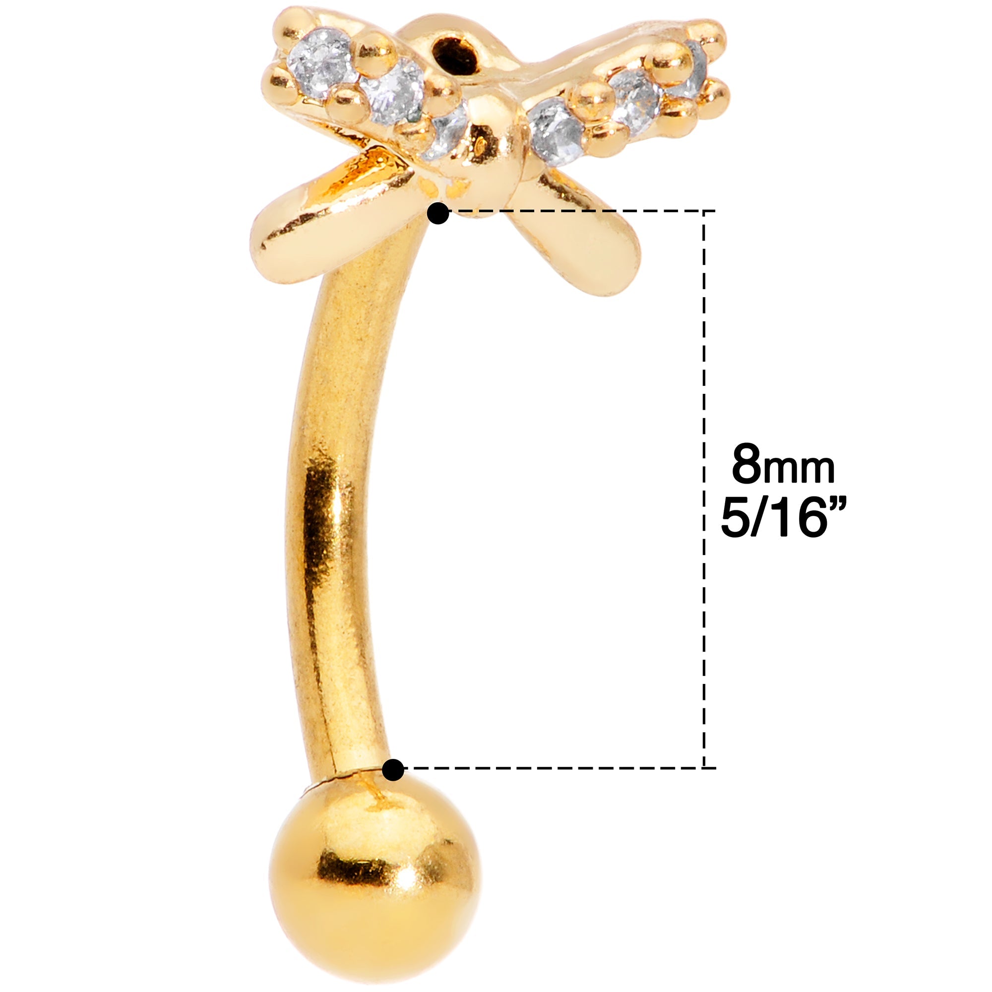 16G 5/16 Clear Gem Gold Tone Ribbon Bow Curved Eyebrow Ring