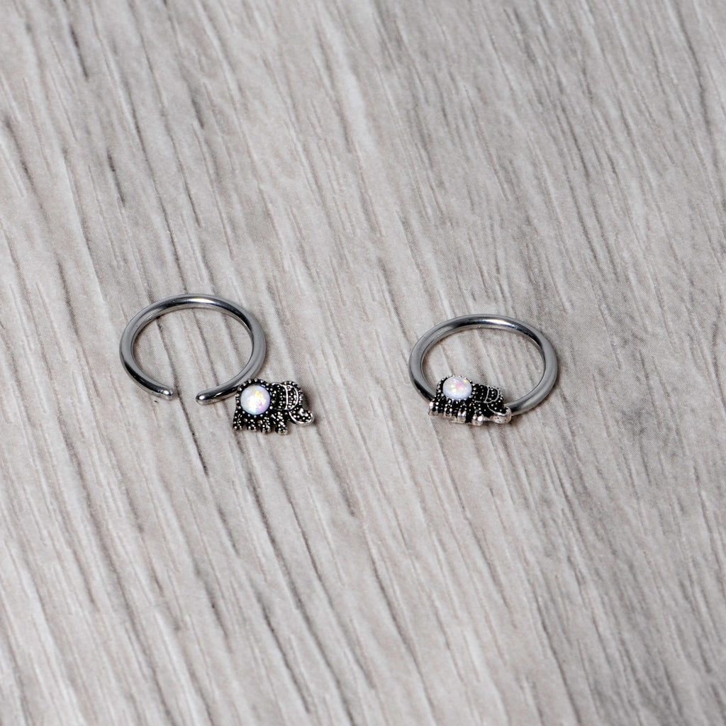 14G 1/2 White Faux Opal Elephant BCR Captive Nipple Ring Set