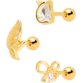 16G 5/16 Clear CZ Gem Gold Tone Bow Cartilage Tragus Set of 3