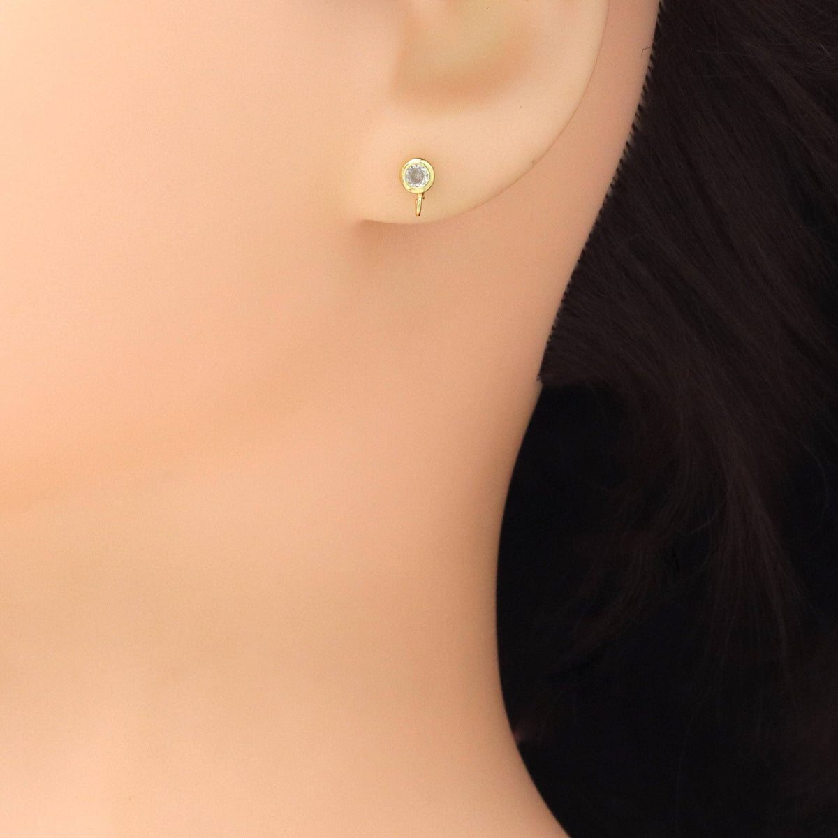 Clear Round CZ Gold  Silver Stud Earrings with loop, Sku#A440