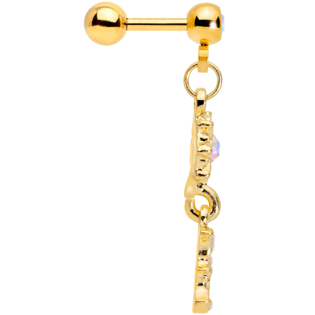 16G 1/4  Aurora Gem Gold Tone Moon Dangle Cartilage Tragus