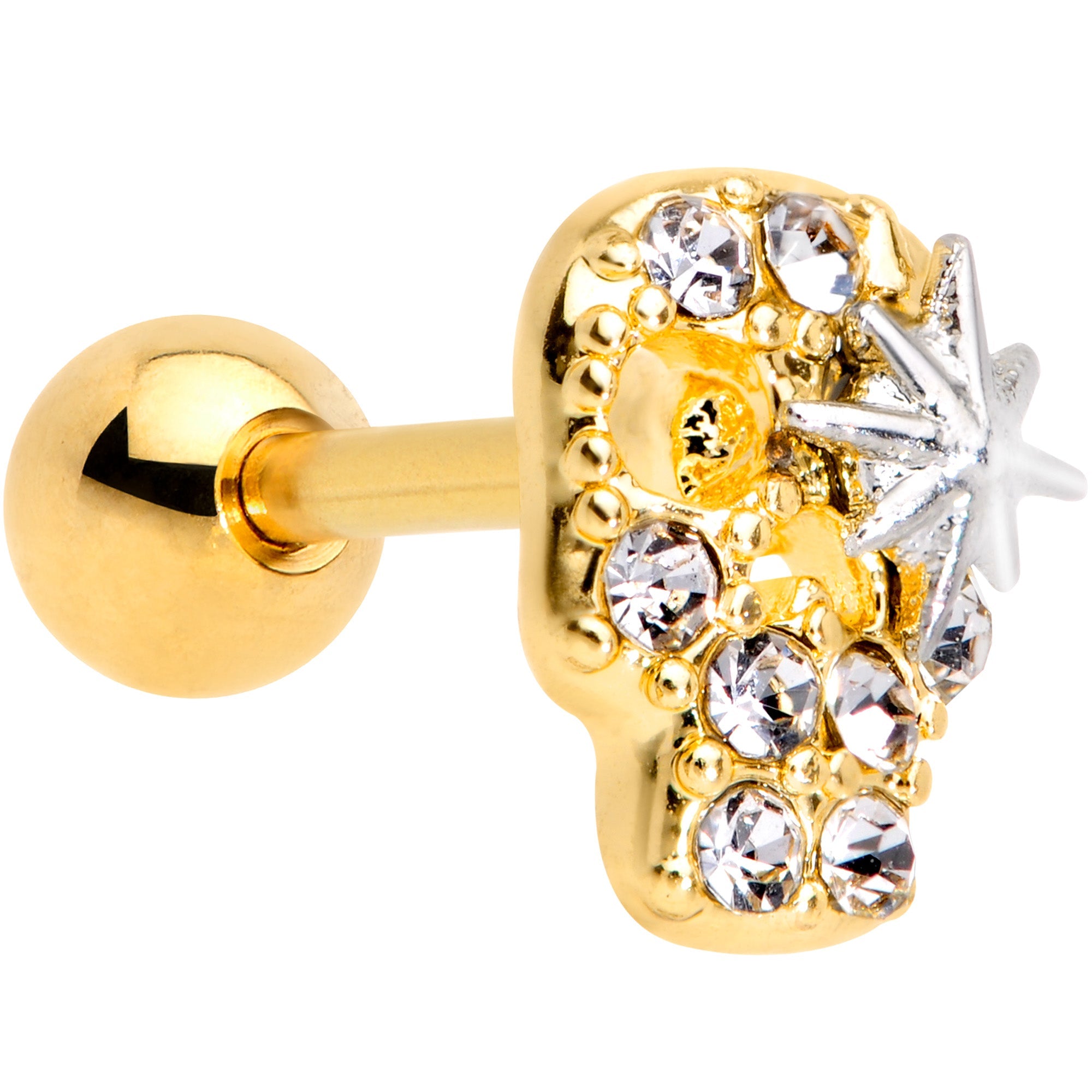 16G 1/4 Clear Gem Gold Tone Star Skull Cartilage Tragus Earring