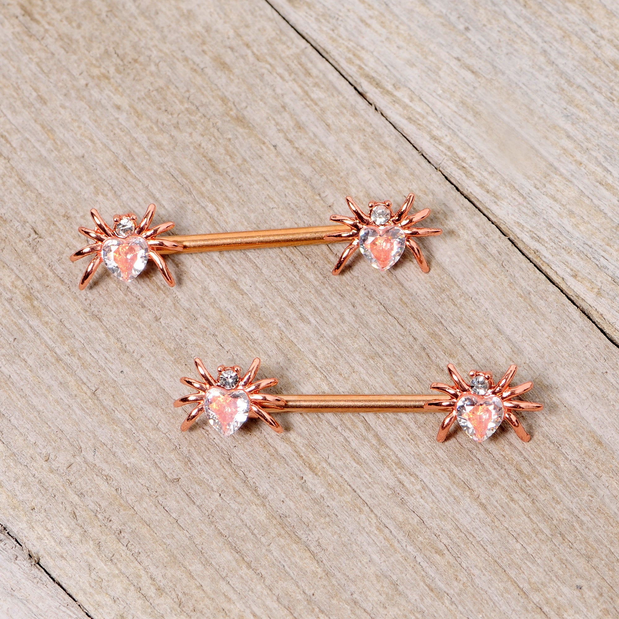 14G 9/16 Clear Gem Rose Gold Tone Heart Spider Nipple Ring Set