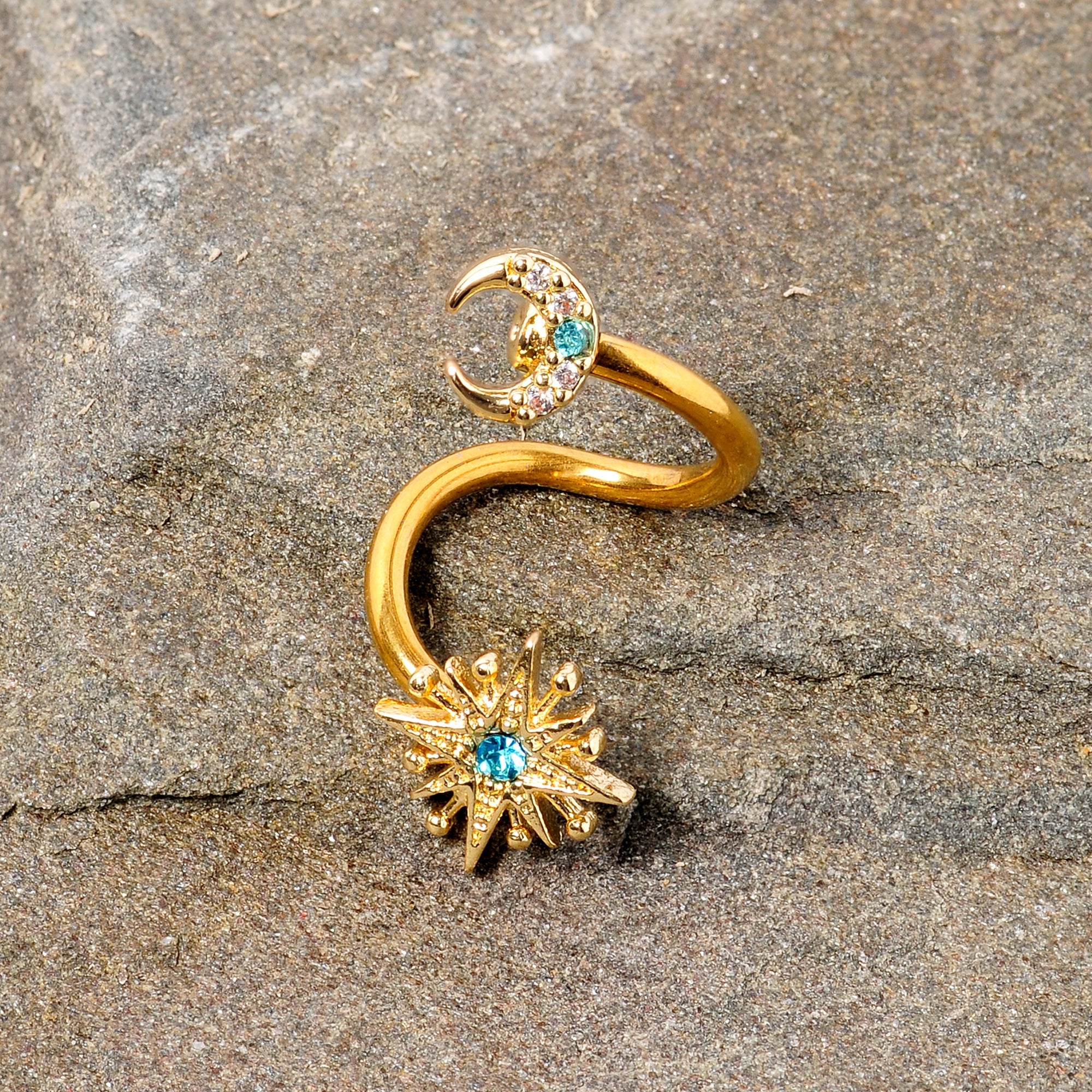 14G 3/8 Clear Blue Gem Gold Tone Moon Star Spiral Twister Belly Ring