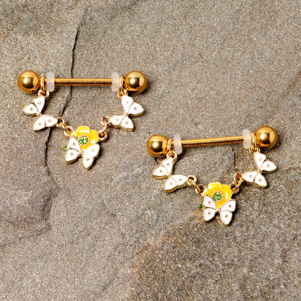 14G 5/8 Green Gem Gold Tone Butterfly Dangle Nipple Ring Set