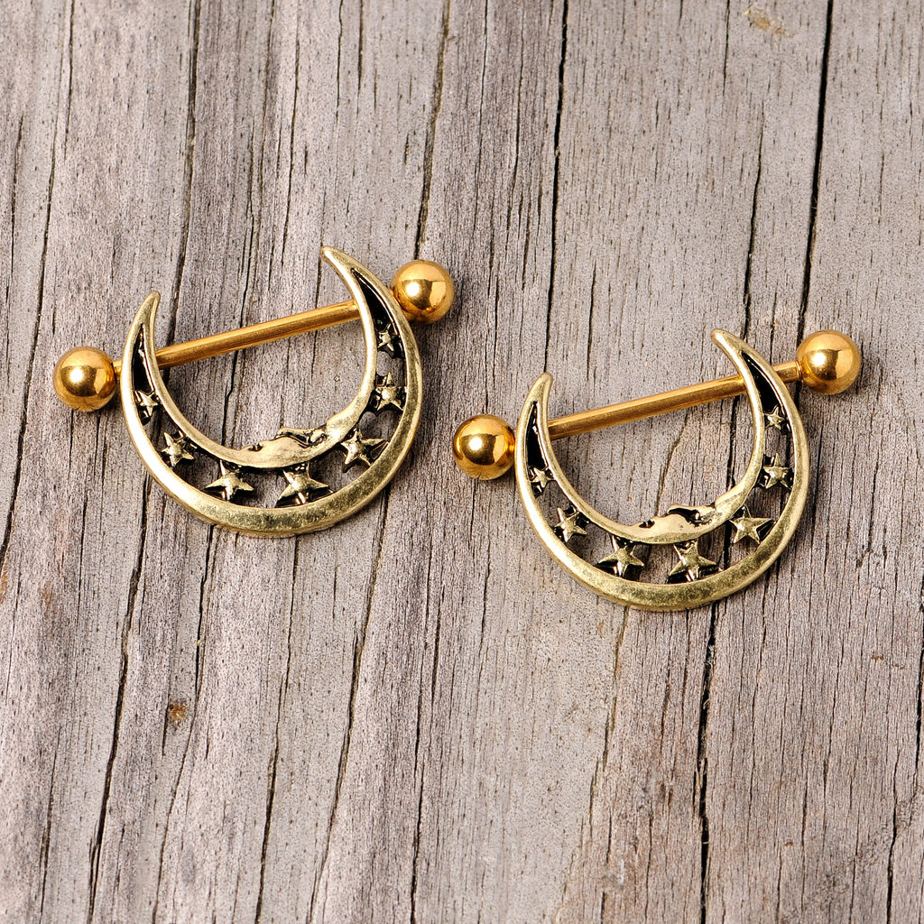 14G 7/8 Gold Tone Starry Crescent Moon Nipple Shield Set