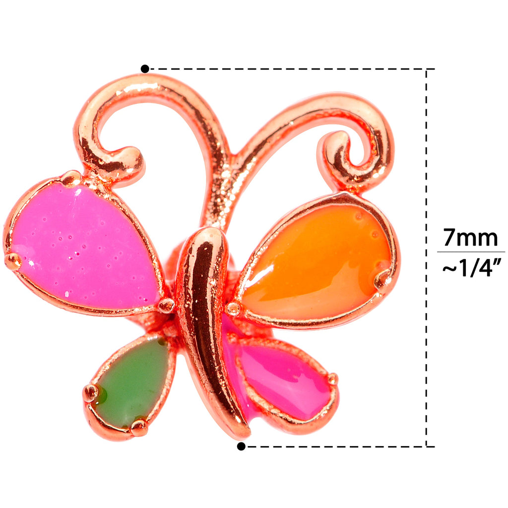 22G 1/4 Pink Orange Rose Gold Tone Butterfly L Shaped Nose Ring