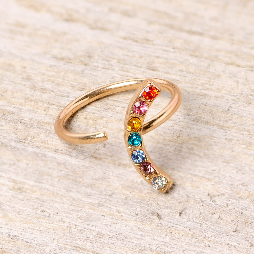 18G 3/8 Red Blue CZ Gem Gold Tone Rainbow Arc Nose Hoop