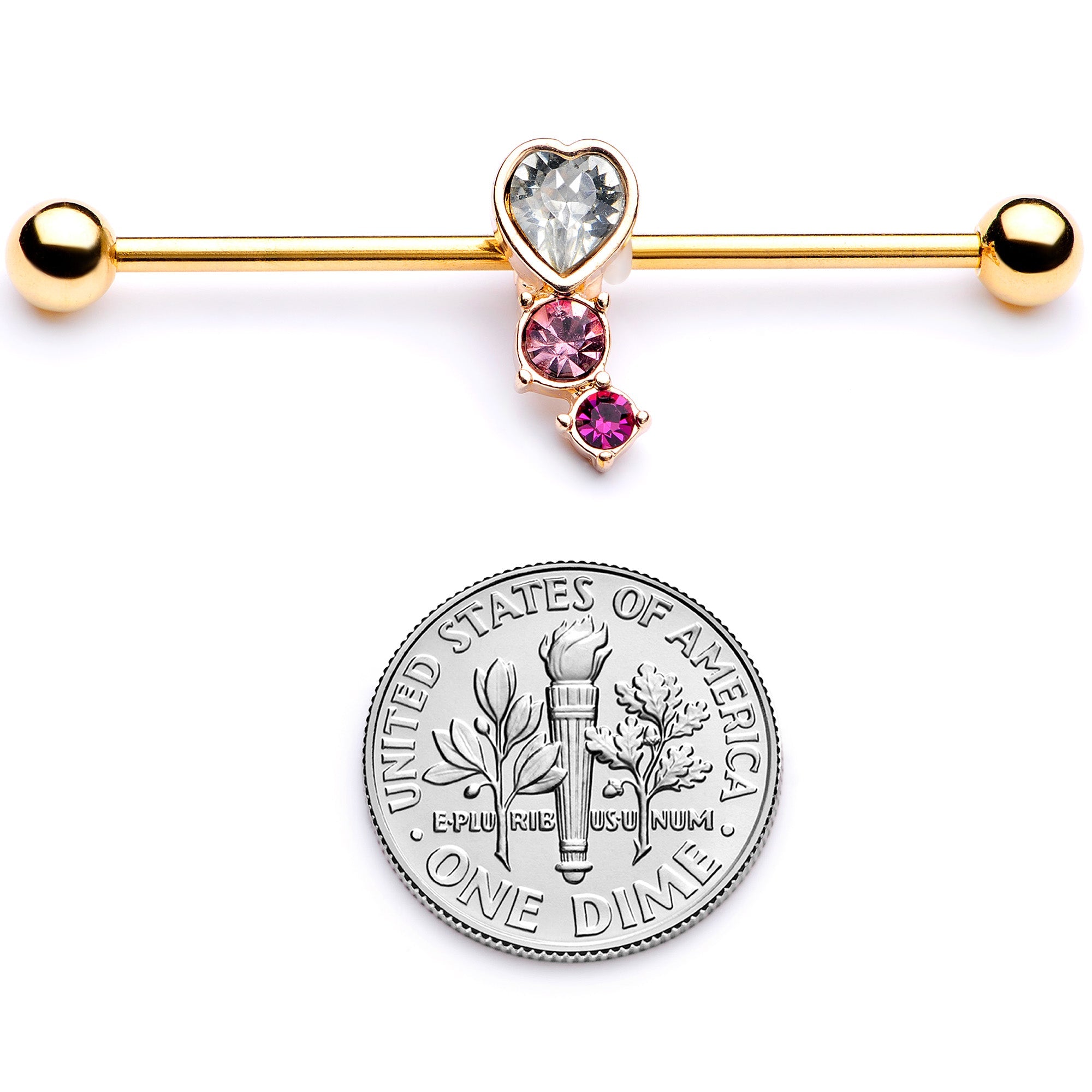 14G Clear Pink Red Gem Gold Tone Heart Industrial Barbell 38mm