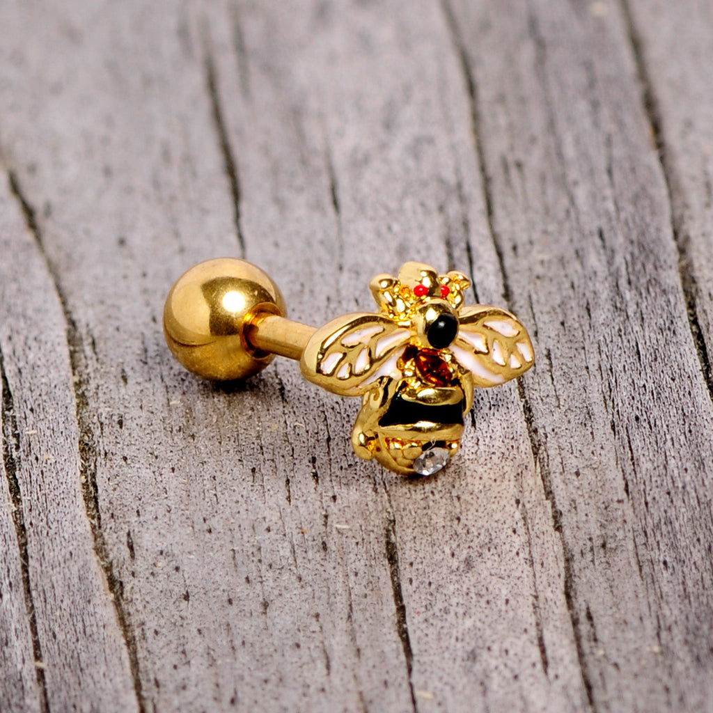 16G 1/4 Clear Black Gem Gold Tone Honey Bee Cartilage Tragus