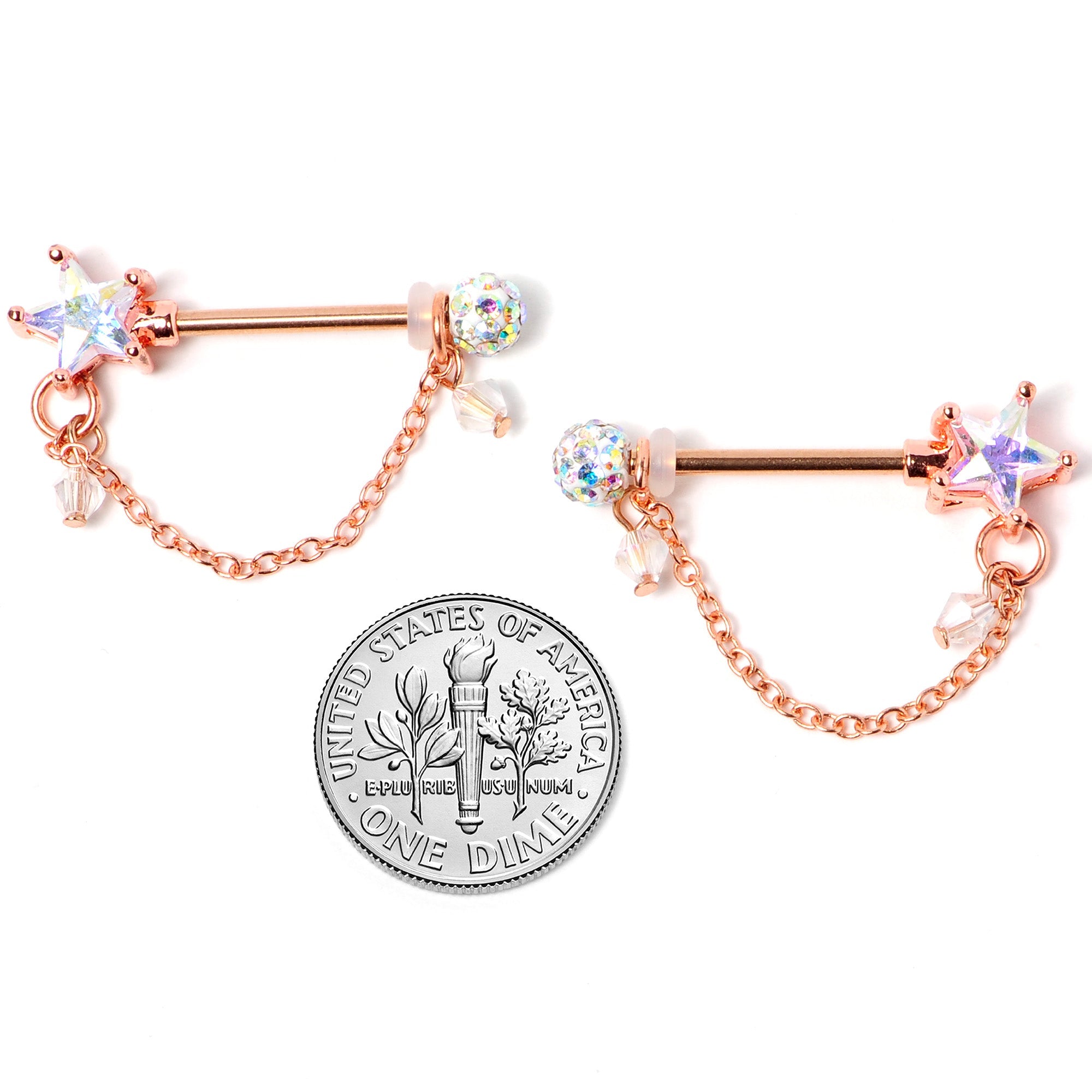 14G 5/8 Aurora Gem Rose Gold Tone Star Dangle Nipple Ring Set