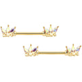 14G 9/16 Aurora Gem Gold Tone Crown Love Barbell Nipple Ring Set