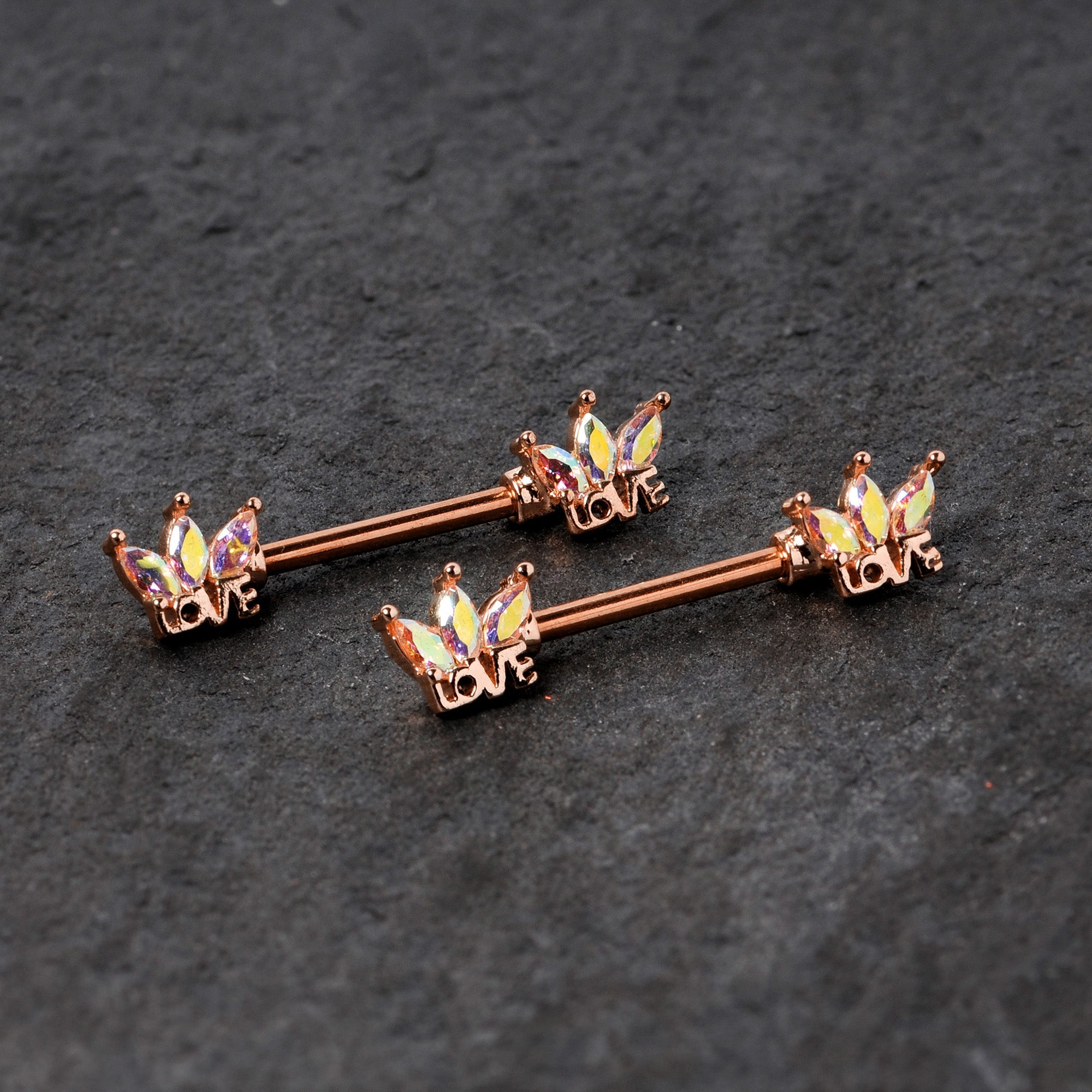 14G 9/16 Aurora Gem Rose Gold Tone Love Crown Barbell Nipple Ring Set