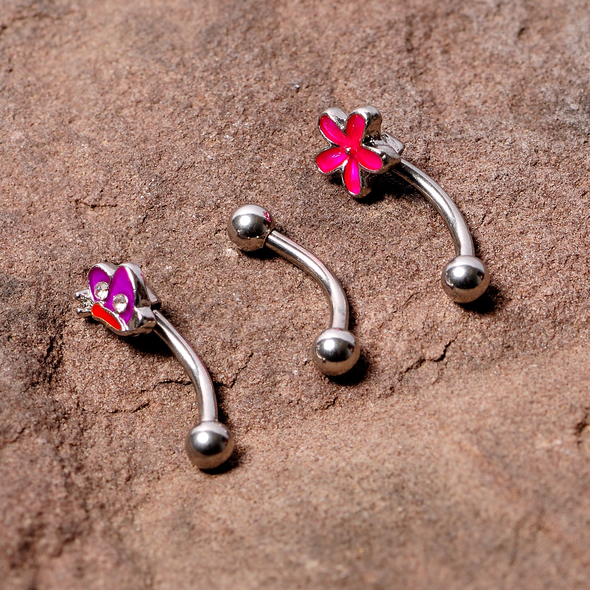 16G 5/16 Clear Gem Purple Butterfly Curved Eyebrow Ring Set of 3
