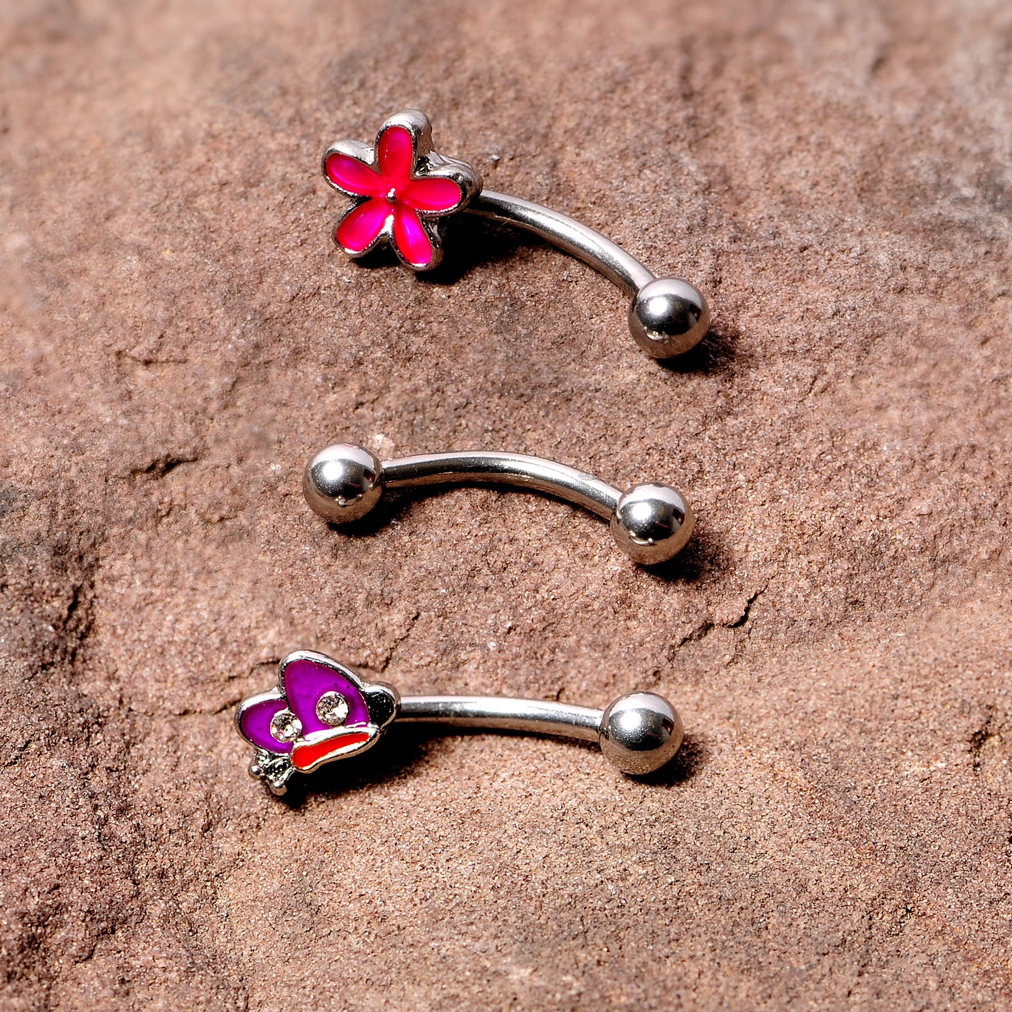 16G 5/16 Clear Gem Purple Butterfly Curved Eyebrow Ring Set of 3