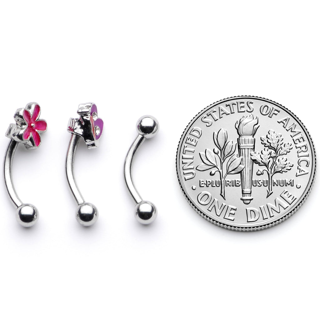 16G 5/16 Clear Gem Purple Butterfly Curved Eyebrow Ring Set of 3