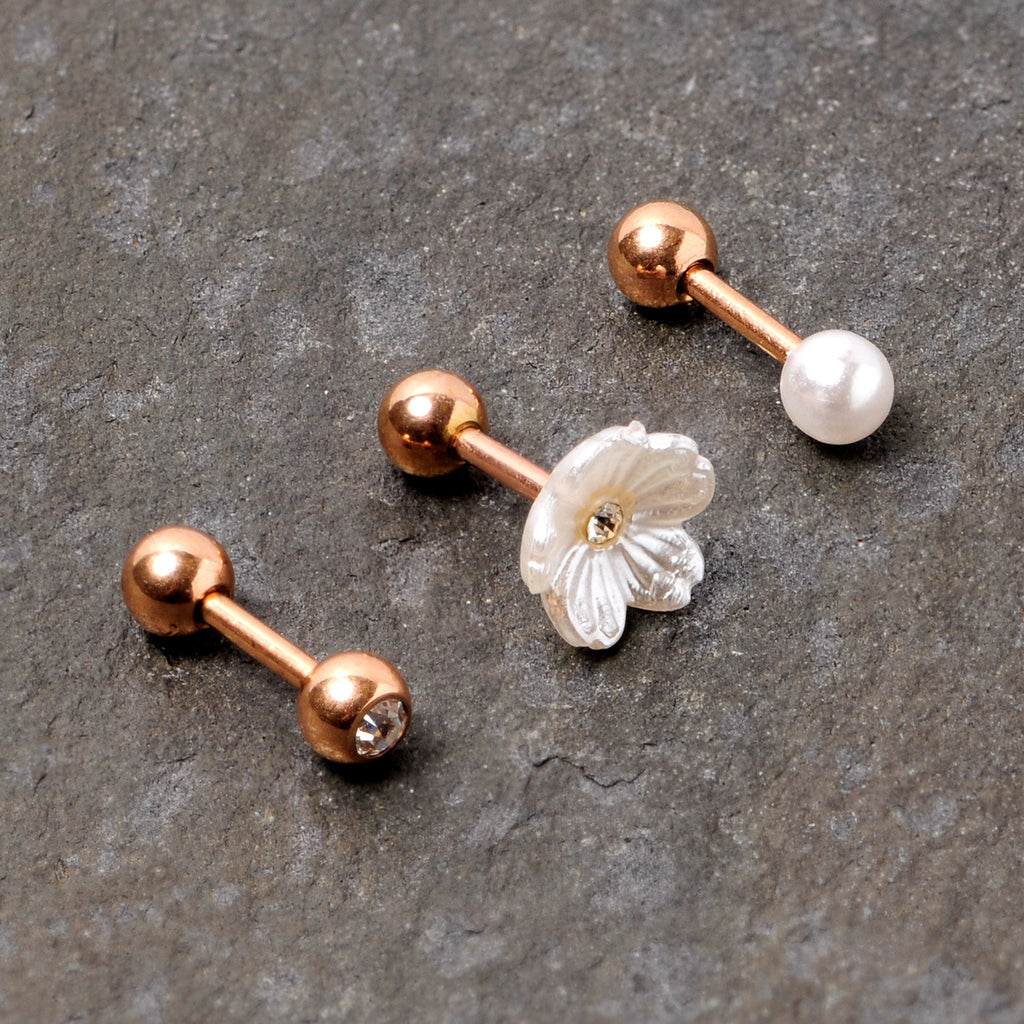 16G 1/4 Clear Gem Rose Gold Tone Flower Cartilage Tragus Curation Set of 3